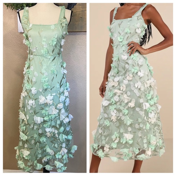 Lulus Dresses & Skirts - NWOT Lulus Elite Cutie Mint Green Mesh 3D Floral Embroidered Midi Dress